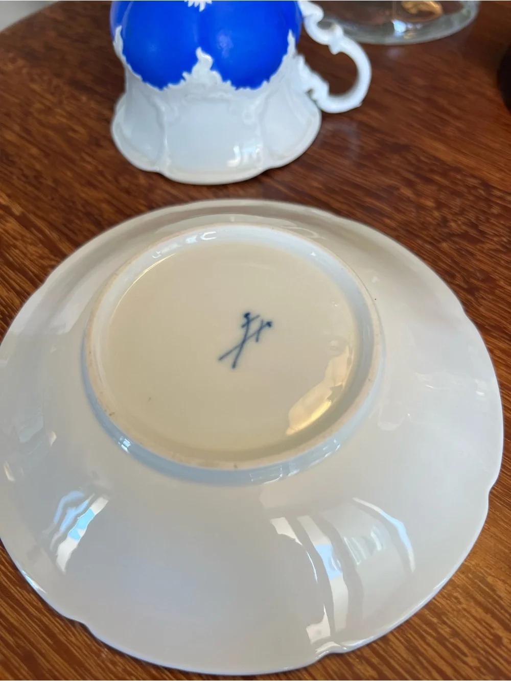 Authentic Meissen B-Form Cobalt Blue and White Porcelain Teacup & Saucer Set